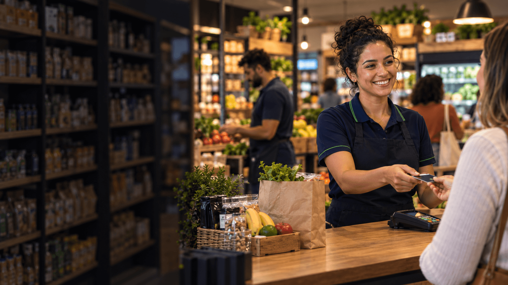 Atendente recebendo uma cliente no caixa de um mercado moderno, com a equipe trabalhando ao fundo