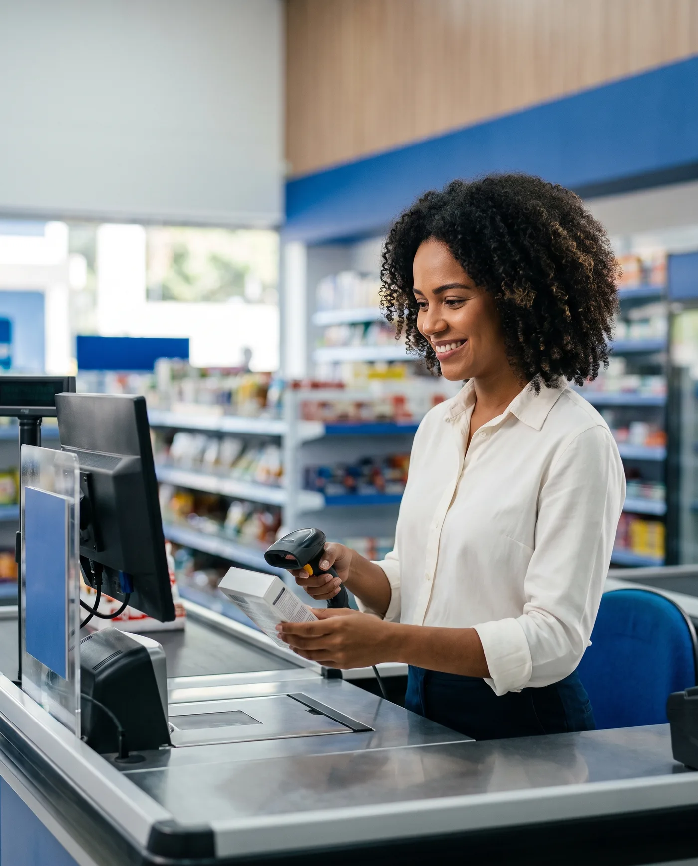 Pequena empresária brasileira sorrindo enquanto passa um produto no leitor de código de barras do caixa de sua loja